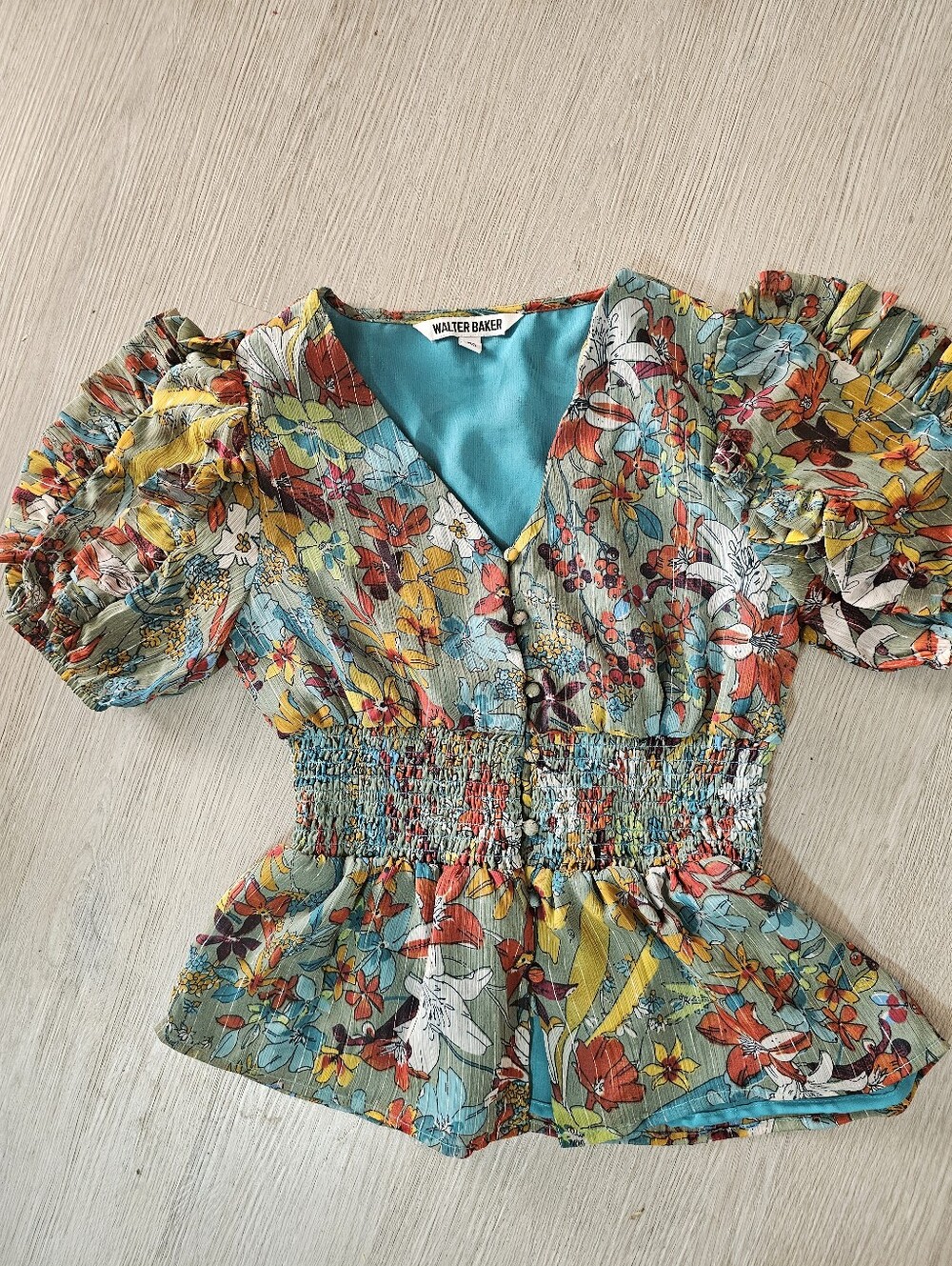 Walter Baker Daiton Floral Blouse XS New Smocked Waist V-Neck Ruffle Puff Sleeve